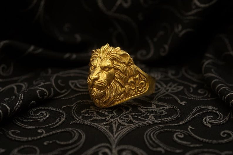 Sterling Silver Lion Ring: Handmade Animal Jewelry Gold Coating