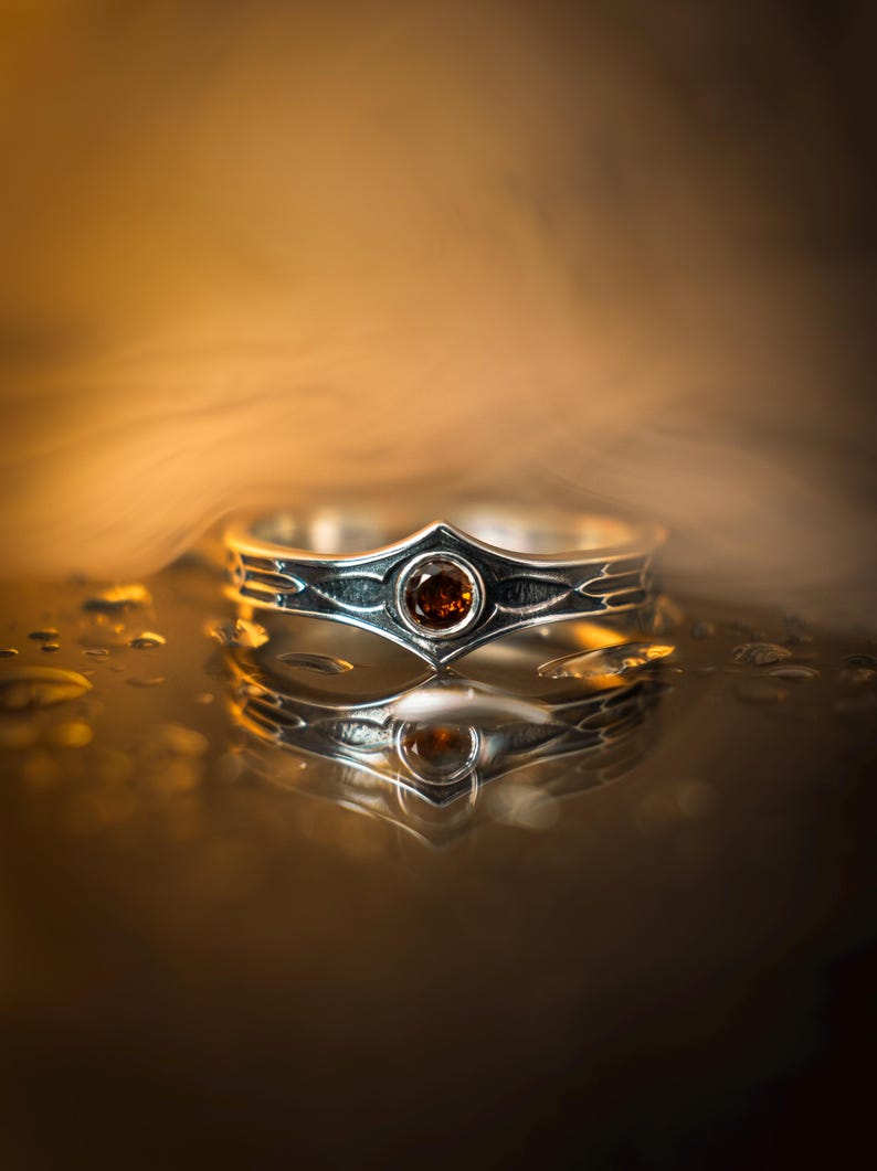 Sterling Silver Garnet Ring with Ornate Etching, Gothic Bloodstone-Inspired Statement Band for Men or Women, Red Gem Warrior Ring, This angle emphasizes the smooth, bezel setting of the stone—a practical choice for a "Warrior" ring as it prevents snagging during action. The 925 sterling silver has a satin finish on the high points and a matte black finish in the recessed grooves. The stone has high clarity, catching the light and appearing to glow from within against the cool grey metal.
