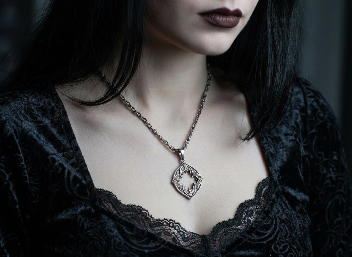 Gothic Openwork Pendant, Sterling Silver Lozenge Necklace, Barbed