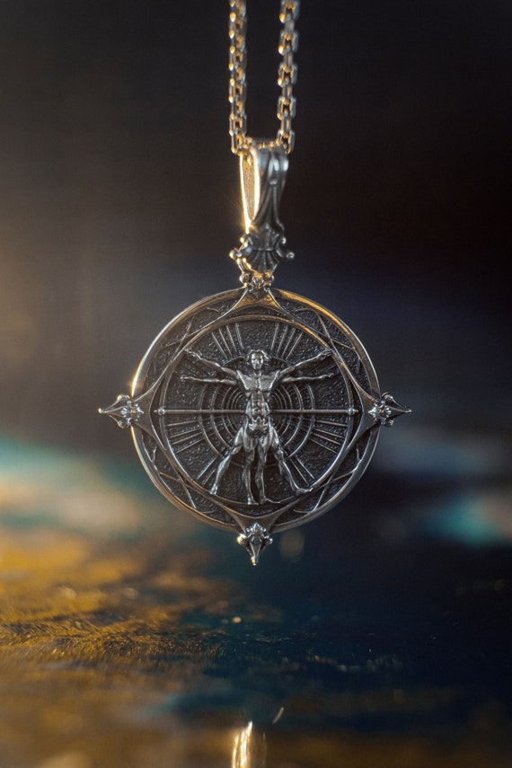 Vitruvian Man Pendant 925 STERLING SILVER Da Vinci Drawing