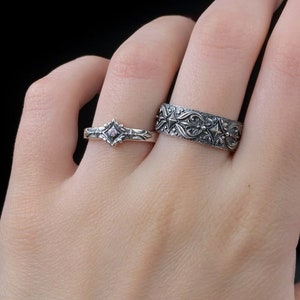 Sterling Silver Gothic Wedding Rings, Engagement Rings, Handmade Medieval Jewelry, Mens Ring, Unique Womens Gift, Wedding Set, Gift Idea