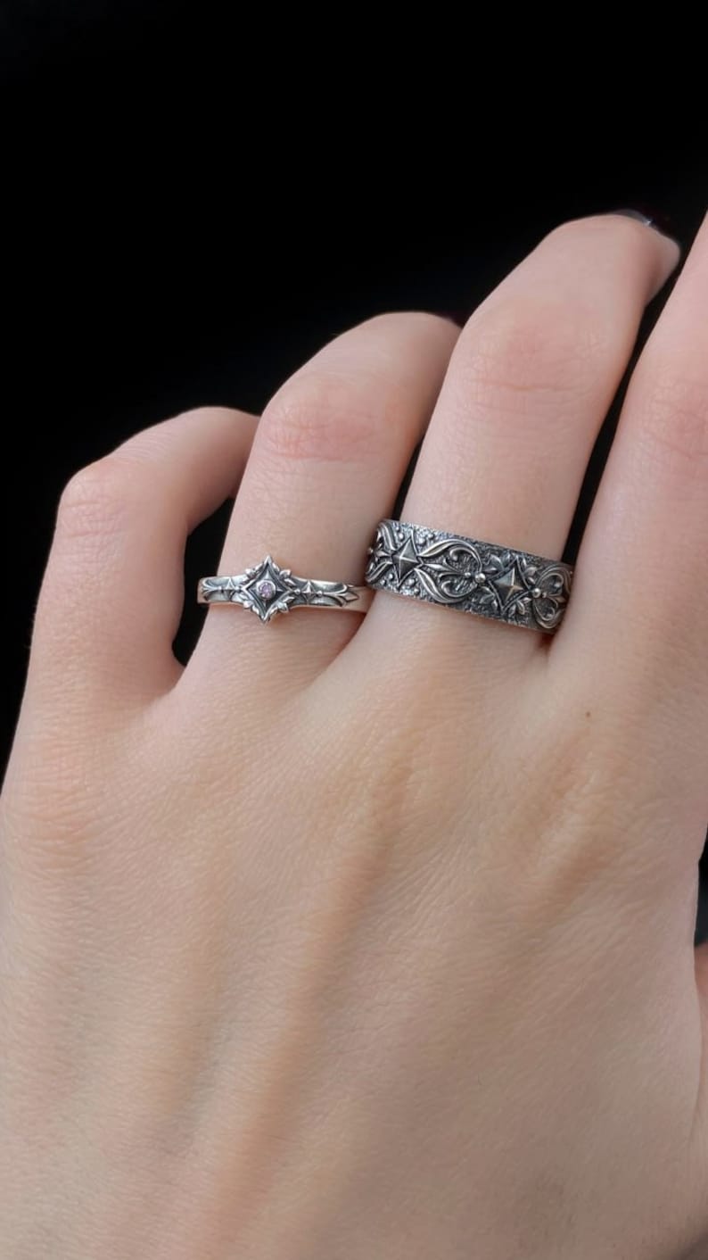 Sterling Silver Gothic Wedding Rings, Engagement Rings, Handmade Medieval Jewelry, Mens Ring, Unique Womens Gift, Wedding Set, Gift Idea