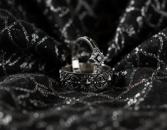 Gothic Sterling Silver Wedding Set – Dark Romance Medieval Filigree Bands