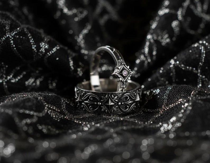Gothic Sterling Silver Wedding Set – Dark Romance Medieval Filigree Bands image 1