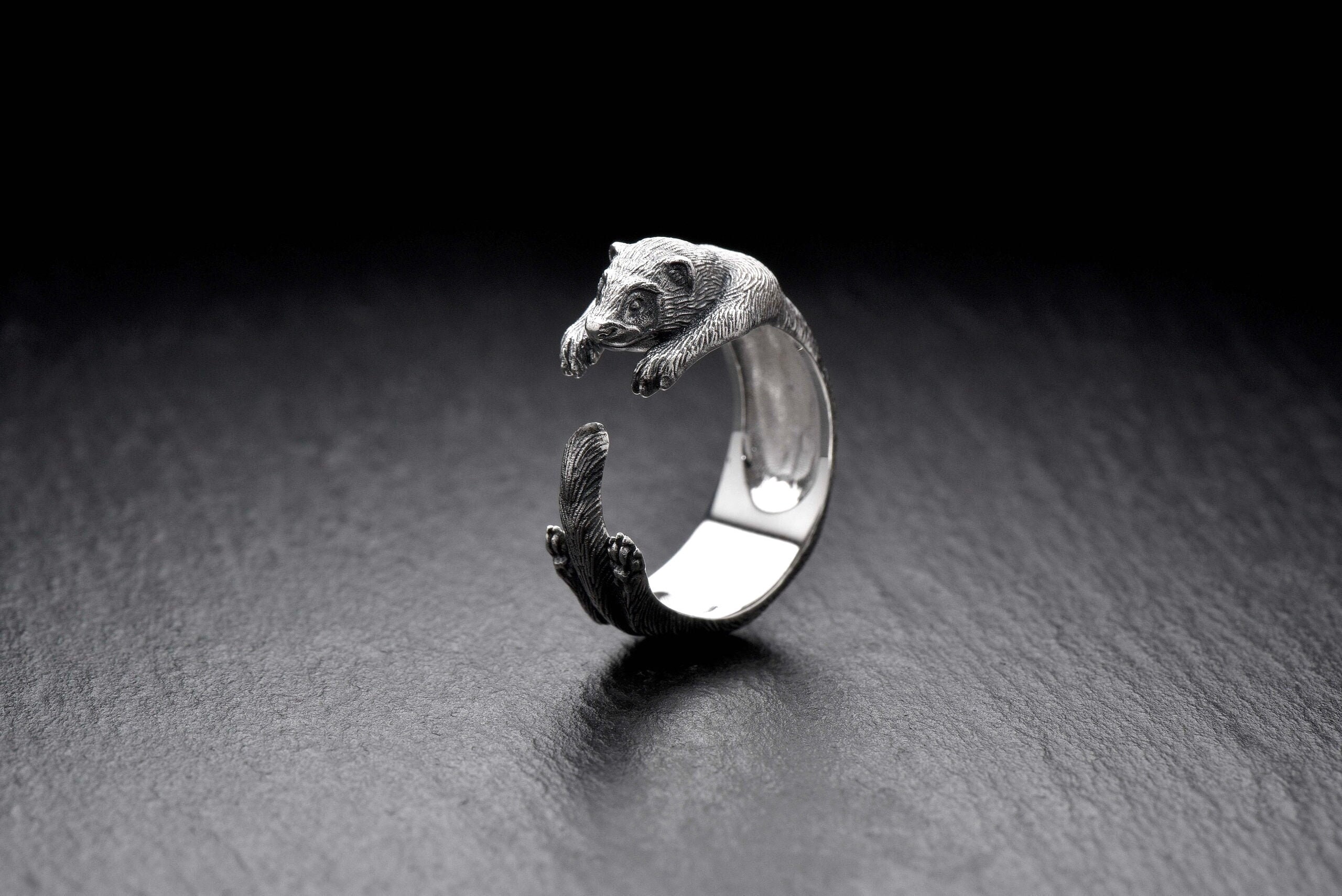 Handmade Sterling Silver Ferret Wrap Ring, Animal Jewelry