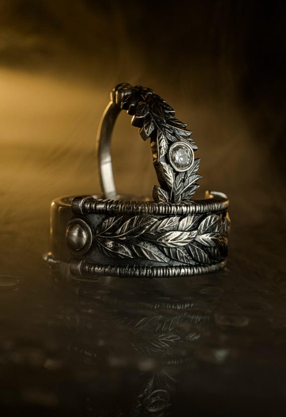 Gothic Leaf Sterling Silver Wedding Ring Set: Gemstone His Hers Bands