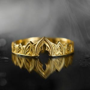 14K Gold Gothic Arch Ring: Medieval Cathedral Band with Triskelion