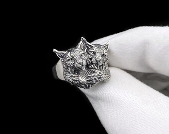 Sterling Silver Two Lynx Ring, 925 Silver Animal Ring