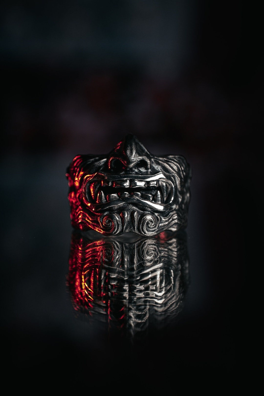 thumbnail image 2 of Samurai Skull Biker Ring – Handmade Japanese Warrior Gothic Ring In Sterling Silver 2 of 4