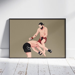 Puede incluir: Una ilustración digital de dos hombres en una pelea de artes marciales mixtas. El hombre de arriba está dando una patada con su pierna derecha. El hombre de abajo está bloqueando la patada con su brazo izquierdo. El fondo es de color marrón claro.