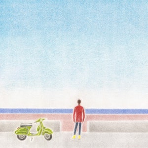 Nessun lavoro oggi • Stampa artistica, arte consapevole, opera d'arte murale, disegno a matita, illustrazione artistica, edizione limitata, arte lo-fi, anime, Vespa, giro