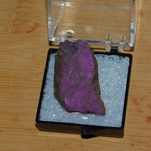 Op de afbeelding: Een paars en grijs mineraalmonster in een kleine, doorzichtige plastic display case met een wit schuim interieur.