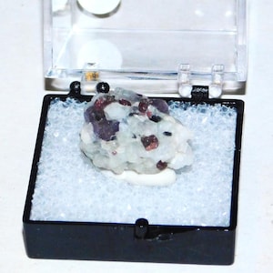 May include: A mineral specimen in a clear plastic display case. The mineral is a mix of white, purple, and red crystals, resting on a white base within a black-framed box. The case is open, revealing the specimen.