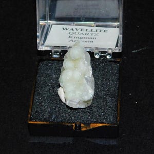 Pode incluir: Um espécime de quartzo Wavelite de Kingman, Arizona, exibido em uma caixa de plástico transparente. O quartzo é de cor verde pálido e tem uma aparência agrupada e borbulhante. A caixa está em uma caixa preta com acabamento dourado. O texto "WAVELITE QUARTZ Kingman Arizona" é visível.