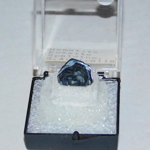 Könnte beinhalten: Ein dunkelblaues Hematit-Rosetten-Edelstein in einer transparenten Kunststoff-Vitrine. Der Edelstein ist ein Cluster aus kleinen, strahlenförmigen Kristallen. Die Vitrine befindet sich in einer schwarzen Box mit weißer Schaumstoffpolsterung. Der Text auf der Vitrine lautet "Hematite Rosette Spalding S. Australia."