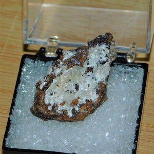 May include: A small, rough, brown rock with white crystals on it. The rock is in a small, black display box with white foam padding.
