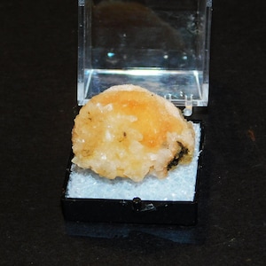 May include: A small, orange and white crystal cluster in a clear plastic display box.