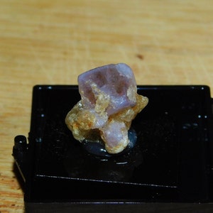 May include: A small, purple and white crystal specimen on a black background. The crystal is in a small, clear plastic box.