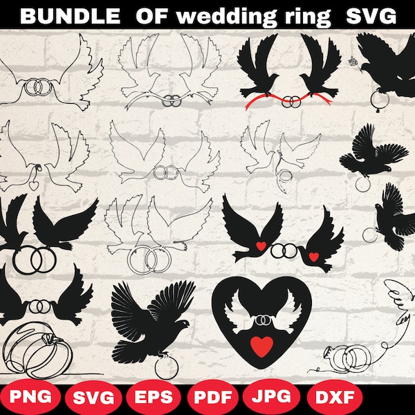 Wedding Rings PNG, Wedding Rings Clipart, DOVES SVG, Pigeon Png, Lovebird Line Art For Wedding Invitation, Wedding Rings Cut File