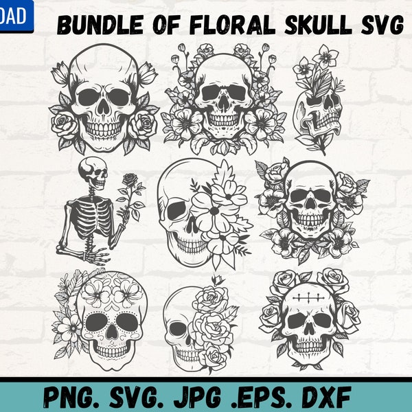 Tête de mort florale SVG, SVG tête de mort fleur, fichier de coupe tête de mort, tête de mort avec fleurs svg, svg sorcière, tête de mort floral png, tête de mort SVG, vecteur de tête de mort