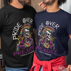 Queeres LGBT T-Shirt, Pride Over Prejudice Gay Lesben Shirt, Love Has No Gender, Regenbogenfarben Fahne, pansexsual TShirt, CSD Totenkopf