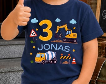 Personalisiertes Geburtstagsshirt Junge, Baustellen T-Shirt mit Name, Geburtstag Bagger Shirt mit Zahl, Kindershirt Geschenk Betonmischer