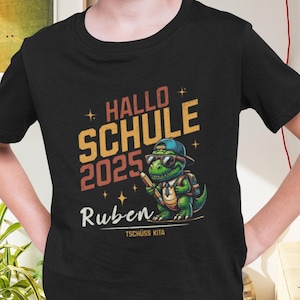 T-shirt inscription école 2025 garçons avec nom, T-shirt dinosaure enfant personnalisé, bonjour l'école, au revoir garderie bye bye adieu T-shirt