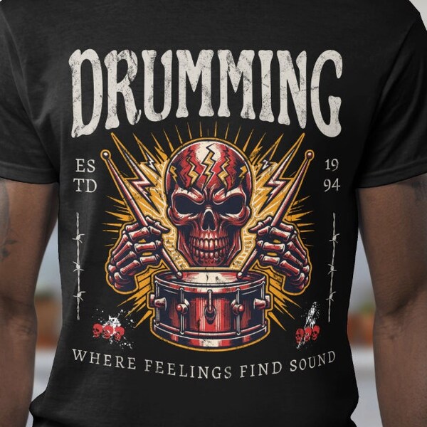 Energiegeladenes Männer Drumming T-Shirt, auffälliges Mann Drumstick Grafik Tshirt, witziger Spruch Totenkopf, lässiges Herren Premium Shirt