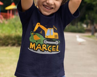Bagger T-Shirt personalisiert mit Namen, Kinder Geburtstagsshirt Junge, Baustelle Kinder T-Shirt, Radlader Geschenk zum Geburtstag 3-6 blau