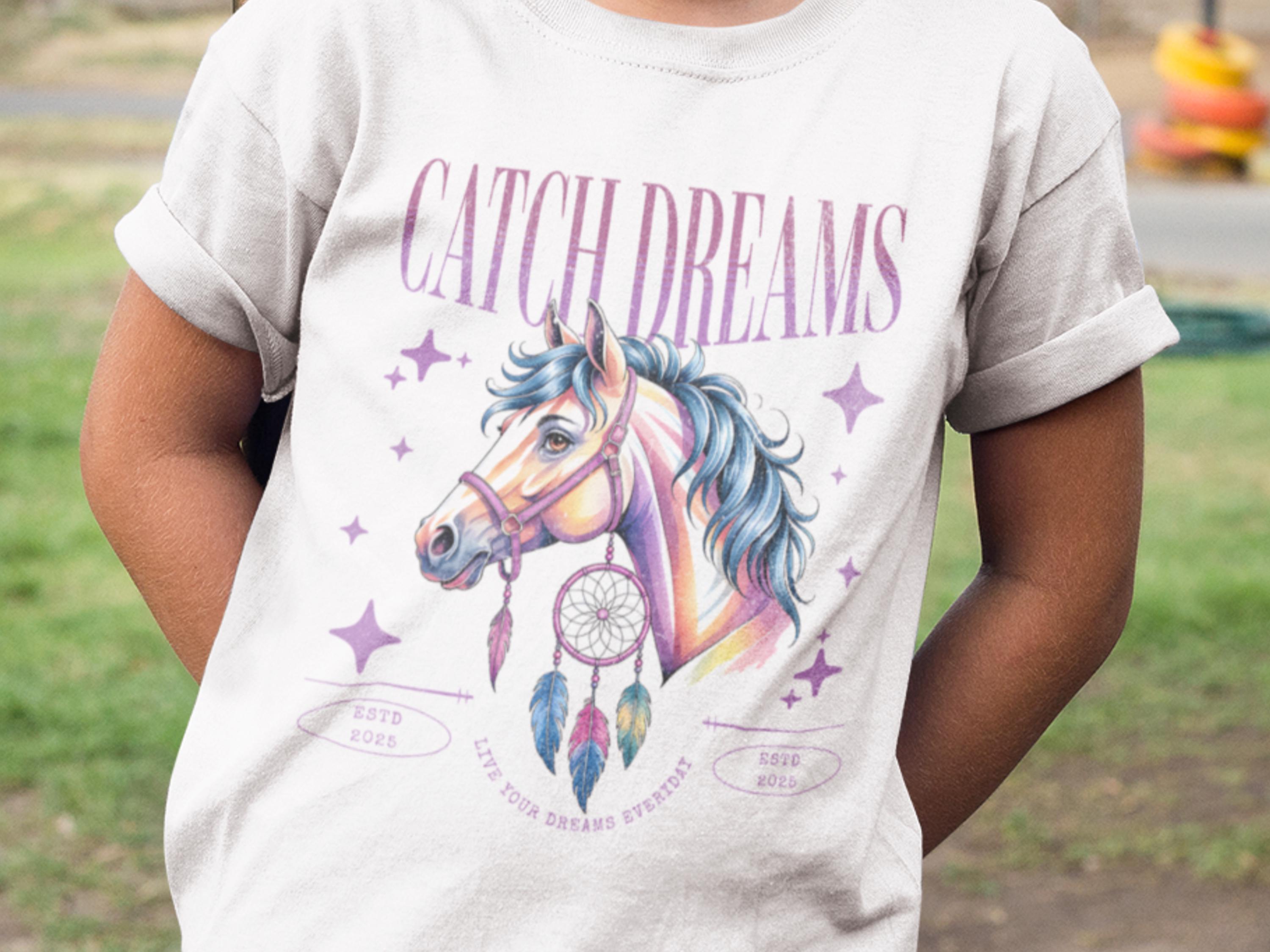 Children's T-shirt with horse and dream catcher, purple girls' shirt with year, Live your dreams Pony Kids Bio Organic T-shirt personalized