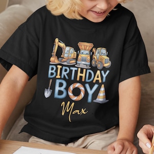 Baustellenfahrzeuge T-Shirt Geburtstagsshirt personalisiert Geburtstagskind Junge Mädchen Bagger Radlader Baustelle Bauarbeiter Kinder Shirt