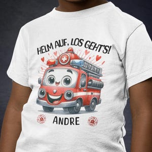 Personalized Children&#39;s T-Shirt Birthday Child Boy Fire Department Fan Rescue Vehicles Fireman Motif Shirt with Name Birthday Shirt