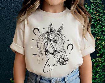 T-shirt Personnalisé Brodé Manches Longues - Motif Poney Et Prénom - Pour Fille Anniversaire - Neuf