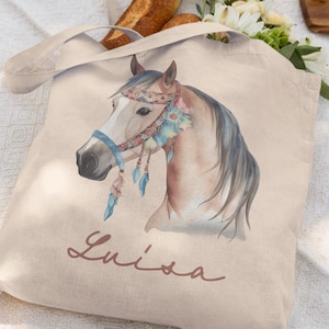 Borsa in tessuto per l'asilo con motivo a cavallo, regalo per bambine, borsa in cotone per bambini, borsa in iuta personalizzata con nome, borsa bianca per bambini