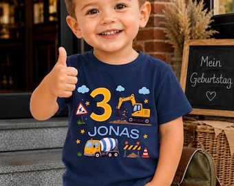Gepersonaliseerd verjaardagsshirt voor jongens, bouwplaats-t-shirt met naam, graafmachine-shirt voor verjaardagen met nummer, kinder-t-shirt cadeau cementmixer