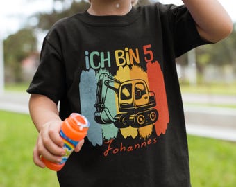 Personalisiertes Bagger Geburtstagsshirt mit Name & Zahl | Baustellen Kinder T-Shirt | Geschenk für Jungen | Radlader Motiv Shirt 3-6 Jahre