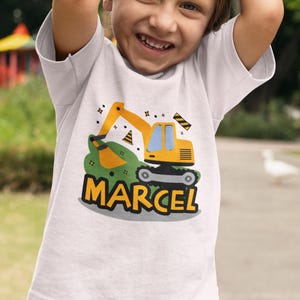Camiseta de excavadora, camiseta de cumpleaños personalizada, camiseta de cumpleaños para niño, niño y niña, cargadora de ruedas, sitio de construcción, trabajador de la construcción, camiseta para niños con nombre