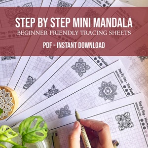 May include: Step-by-step mini mandala tracing sheets with beginner-friendly designs. The sheets feature a grid pattern and various mandala designs. The image includes a hand holding a Micron pen, a wooden stamp, and a plant in a glass jar.