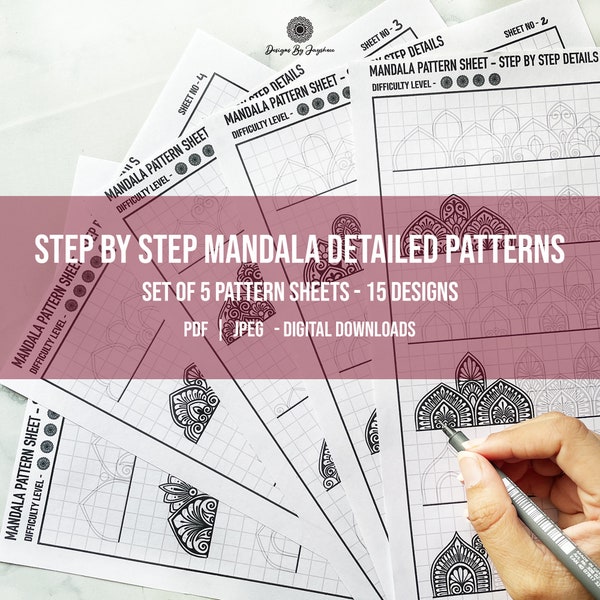 Step By Step Mandala Pattern Sheets - Detailed Designs -  Beginners , Mandala Practice Sheets,Mandala Pattern Templates, Digital Downloads