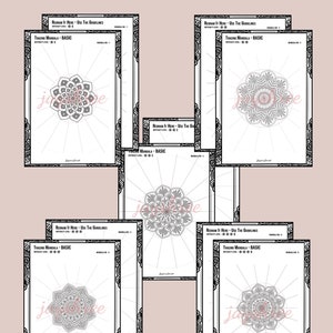 May include: A set of five printable sheets titled Set Of 5 Mandalas - Basic (Beginner). Each sheet features a black and white mandala design, a section labeled Redraw It Here - Use The Guidelines, and a difficulty level indicator with circular icons.