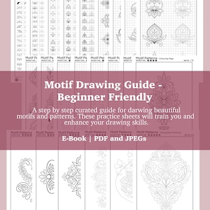 Può includere: Una raccolta di fogli di motivi per tracciare e colorare. I fogli presentano vari disegni, tra cui motivi floreali e geometrici, con il testo "Motif Drawing Guide - Beginner Friendly". La guida è disponibile come E-Book, PDF e JPEGs.