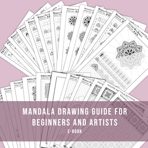Op de afbeelding: Een zwart-wit e-book met de titel "Mandala Drawing Guide for Beginners and Artists" met een verzameling mandala-patronen en -ontwerpen.