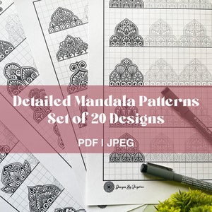 以下が含まれることがあります： PDFとJPEG形式の20種類の印刷可能なマンダラパターンセット。パターンは詳細で複雑で、着色したり、独自のデザインのインスピレーションとして使用したりするのに最適です。画像は、パターン、ペン、鉛筆のクローズアップを示しています。