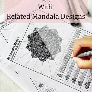 May include: A set of 5 mandala pattern sheets with related mandala designs. The sheets feature intricate black and white mandala patterns, with a hand using a pen to draw on one of the sheets. The text "Mandala Pattern Sheets With Related Mandala Designs" is visible.