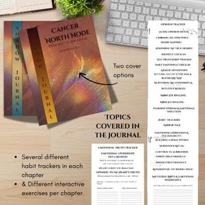 Könnte beinhalten: Zwei Journale mit den Titeln "Cancer North Node" und "Shadow Journal" werden gezeigt. Die Journale haben farbenfrohe Umschläge und Text. Eine Liste der im Journal behandelten Themen wird ebenfalls angezeigt.