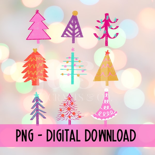 Hand Drawn Bright Christmas Trees PNG, Bright Christmas PNG, Colorful Christmas PNG, Christmas Sublimation Design