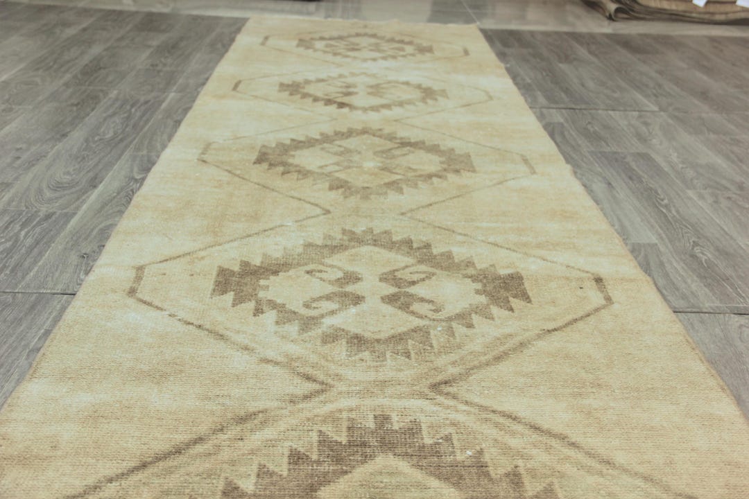 Vintage Neutral Turkish Rug Runner: Handwoven 3.3'x14.5' Wool Hallway ...