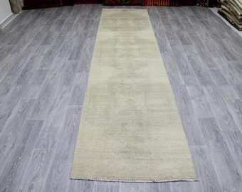 Dywan Vintage Oushak Runner, neutralny beżowy wełniany dywan do przedpokoju, zniszczony anatolijski wystrój domu