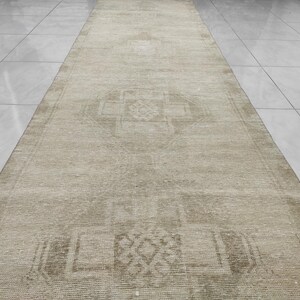 3.7'X14.3' Turkish Vintage Runner Rug, Oushak Faded Brown Beige Kitchen Runner Rug, Vintage Pastel Color Corridor Rug, Entryway Runner