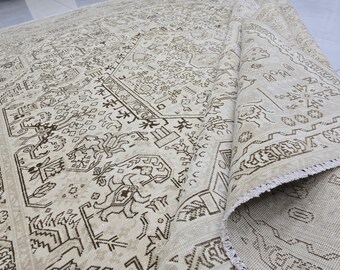 Vintage Oversized 8x11 Neutral Turkish Rug: Handwoven Wool Anatolian Carpet, Neutral Beige Brown Living Room Rug